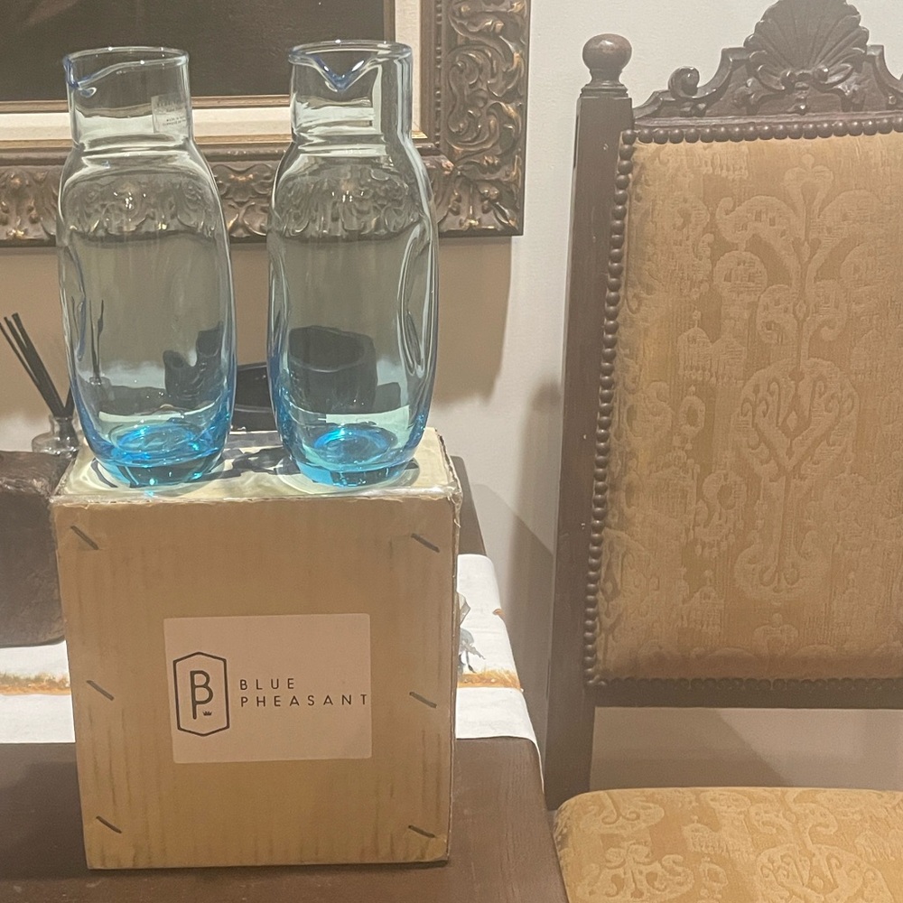 NIB “Blue Pheasant” medium soft blue carafes, hand Blown
